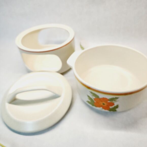 Vintage Orange Poppy Fire Flower Temper-Ware Lenox Casserole Lid Stand 1970s Mod - Picture 4 of 11